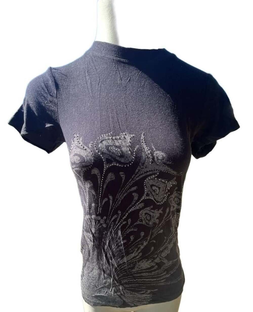 Bebe Sport T-Shirt Size XS Black Graphic Rhinestone Y2K